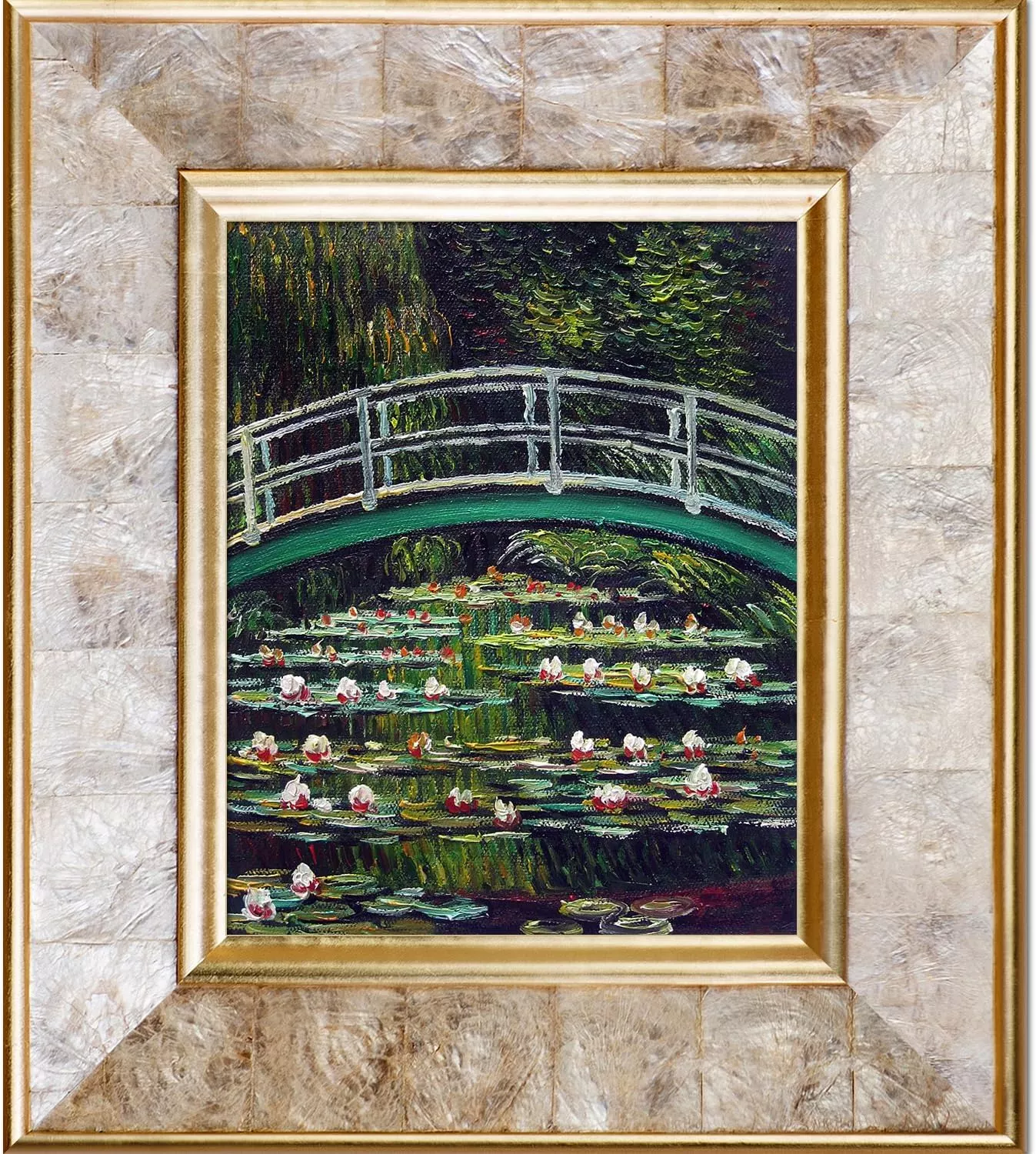 La Pastiche White Water Lilies and The Japanese Bridge, 1899 with Gold Pearl Framed Oil Painting, 16 in x 14 in, Multi-Color — Wall Art