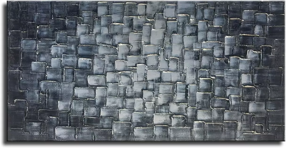 HCHANA Large Abstract Silver Square Wall Art Hand Painted Textured Oil Painting on Canvas Ready To Hang 60x30inch — Wall Art