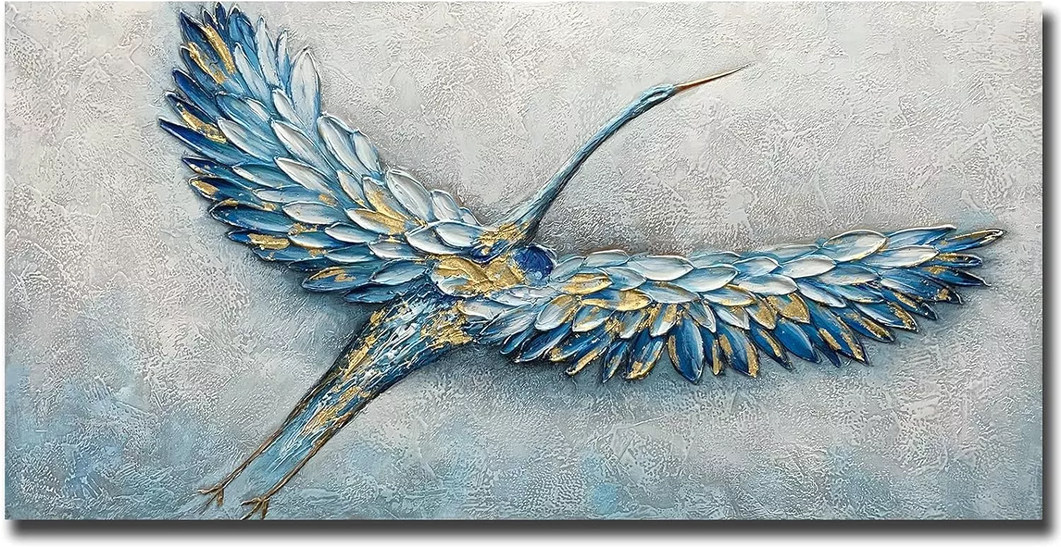 Mirs Spread Wall Art 3D Oil Painting on Canvas Bule Wings Abstract Wall Art Wall Decoration Wood Inside Framed Hanging Ready to Hang 24x48 Inch — Wall Art