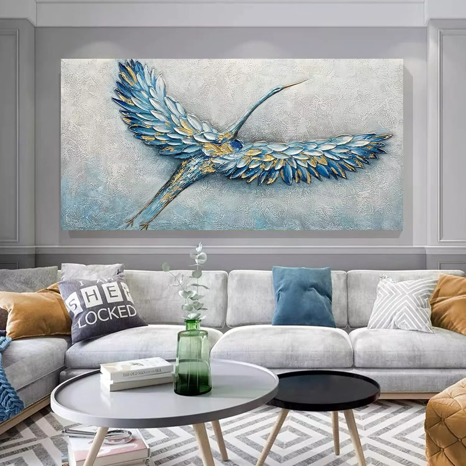 Mirs Spread Wall Art 3D Oil Painting on Canvas Bule Wings Abstract Wall Art Wall Decoration Wood Inside Framed Hanging Ready to Hang 24x48 Inch — Wall Art