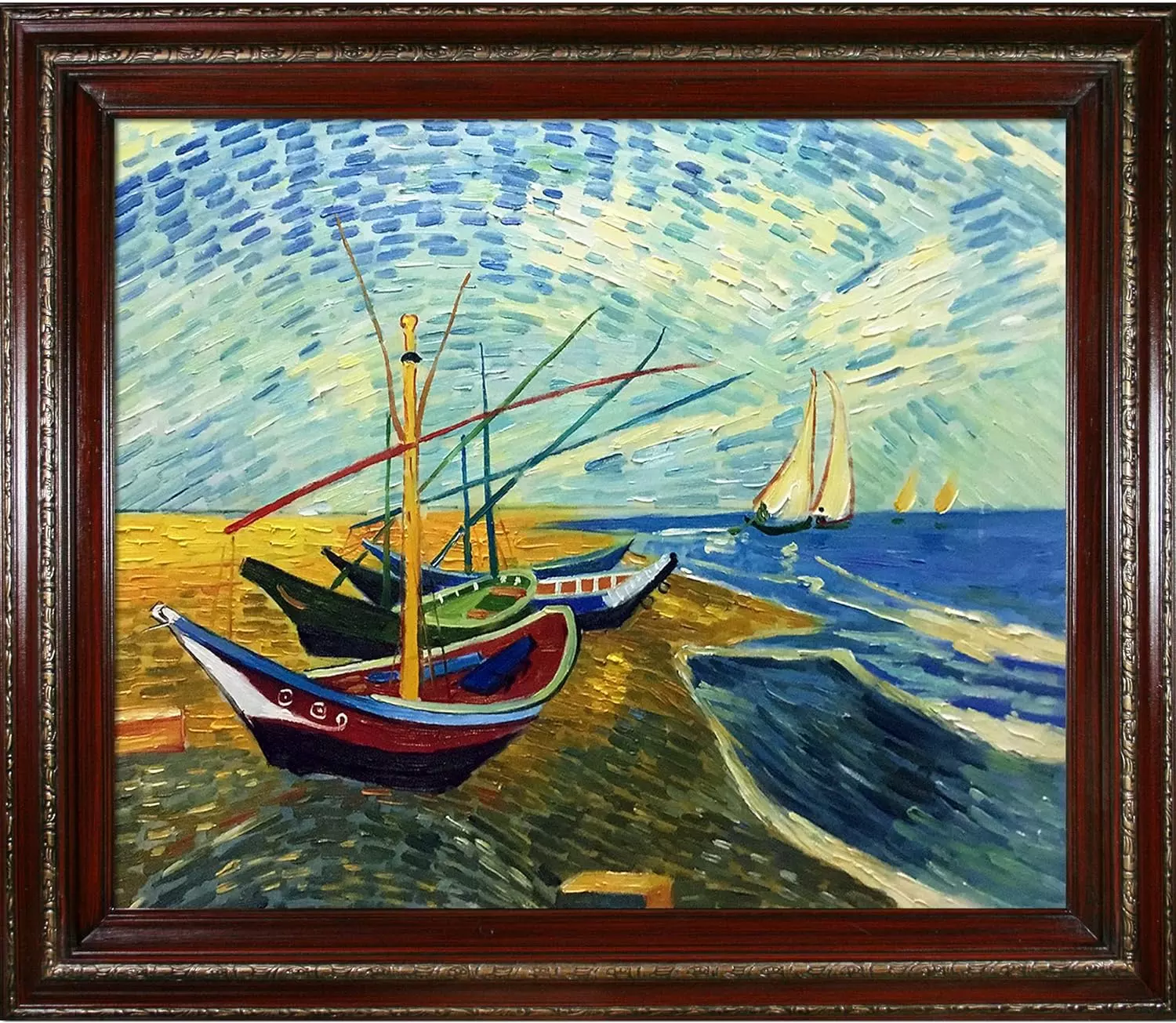 La Pastiche OverstockArt Fishing Boats on The Beach at Saintes-Maries by Vincent Van Gogh, Hand Painted Oil with Heritage Wood Frame, 30  x 26  — Wall Art