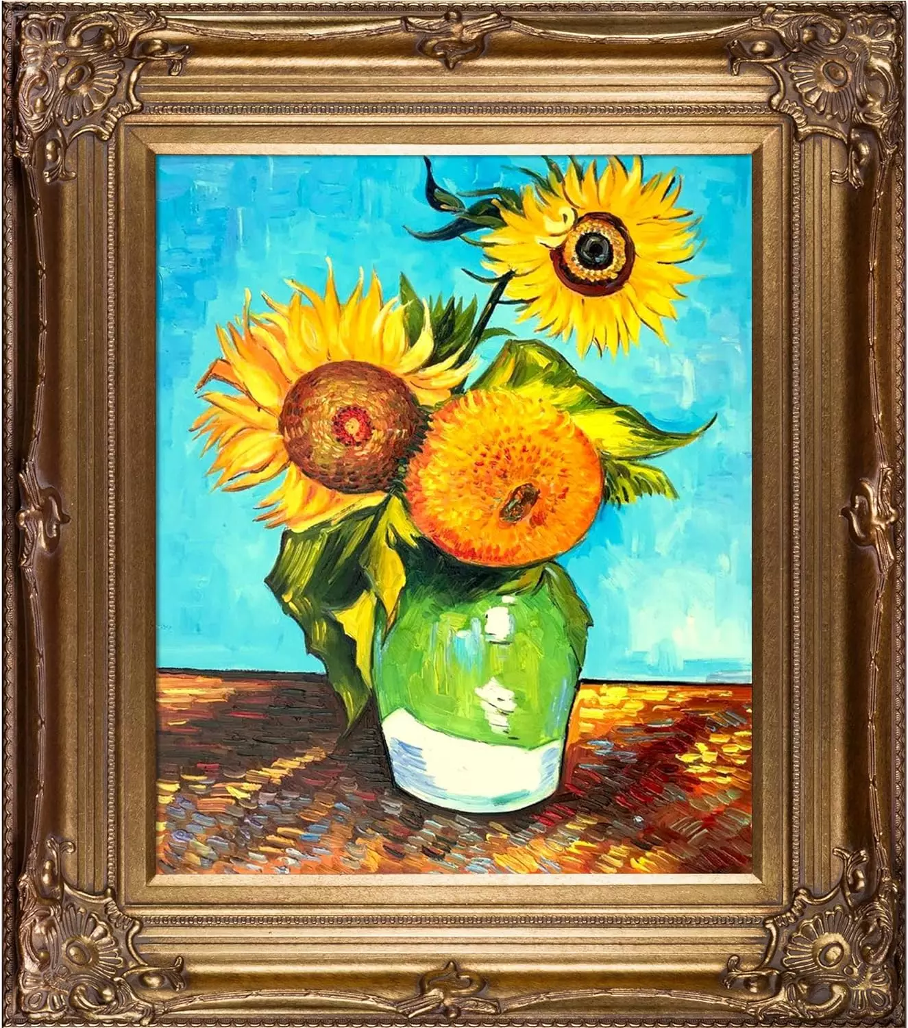 La Pastiche Sunflowers, First Version by Vincent Van Gogh with Bronze Renaissance Frame Oil Painting Wall Art, 34  x 30  — Wall Art