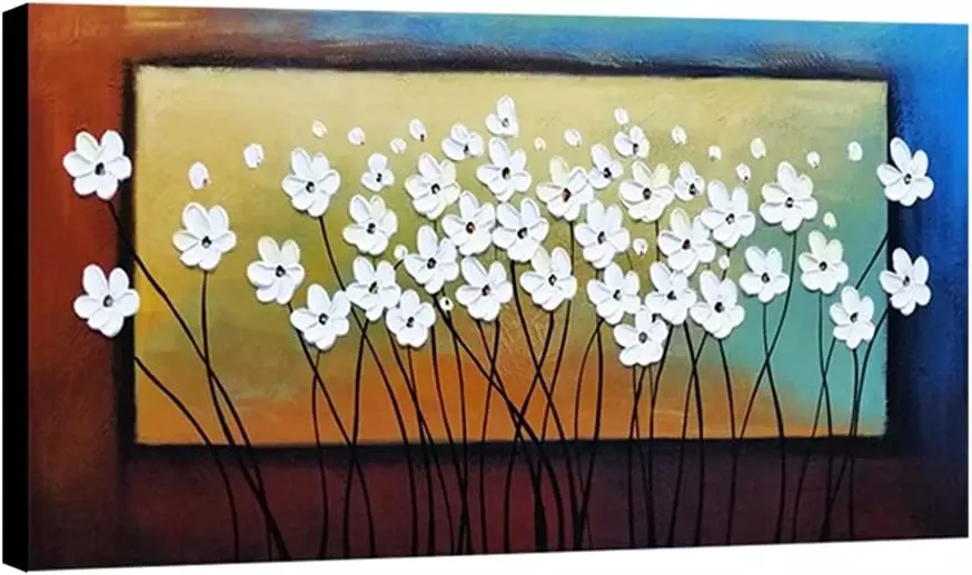 Wieco Art White Flowers Oil Paintings on Canvas Wall Art for Living Room Bedroom Home Decorations Large Modern Stretched and Framed 100% Hand Painted Contemporary Pretty Abstract Floral Artwork L — Wall Art