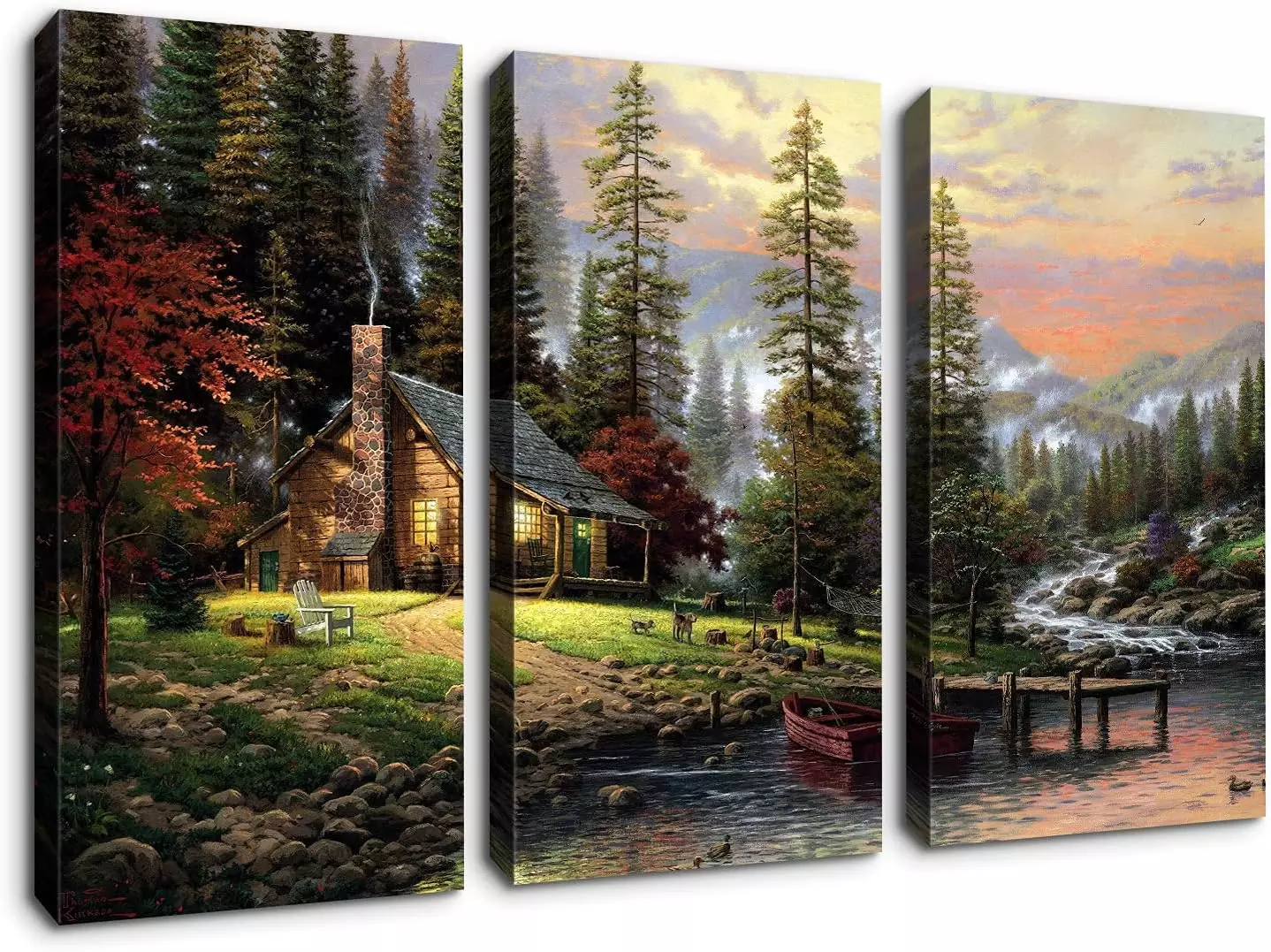 Denozer - 3 Panels Canvas Wall Art Thomas Kinkade Garden Landscape Oil Painting for Home Decor Stretched and Framed Ready to Hang - 16 x32 x3 Panels Wall Decor — Wall Art