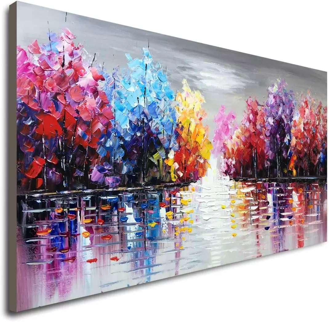 Hand Painted Lake Landscape Canvas Wall Art with Colorful Tree Thick Texture Oil Painting Abstract Artwork (48 x 24 inch) — Wall Art