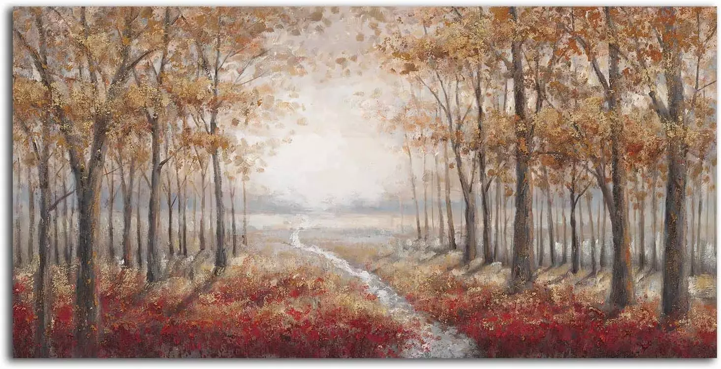 3D Hand-Painted Forest Wall Art on Canvas Tree Oil Paintings Modern Home Decor Autumn Landscape Artwork Stretched and Inside Framed Ready to Hang for Living Room Bedroom Decorations Large 24x46 Inch — Wall Art