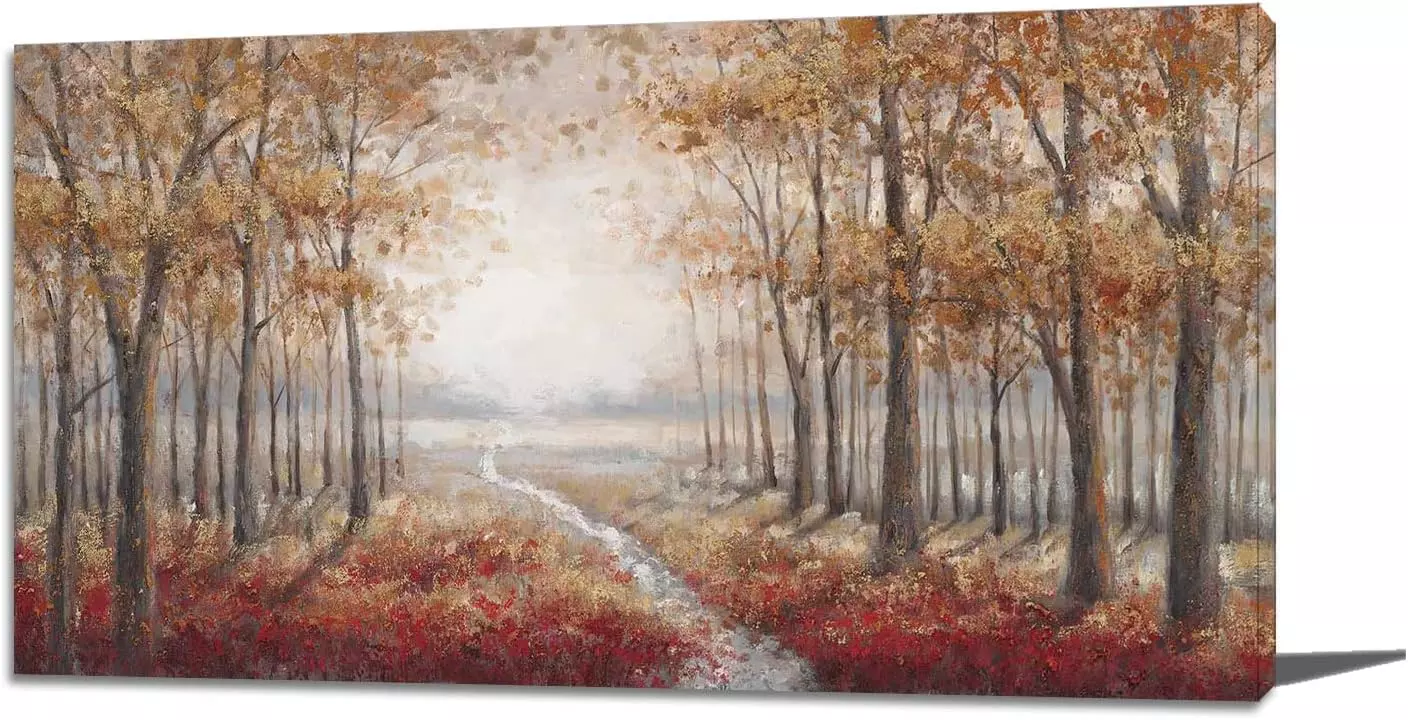 3D Hand-Painted Forest Wall Art on Canvas Tree Oil Paintings Modern Home Decor Autumn Landscape Artwork Stretched and Inside Framed Ready to Hang for Living Room Bedroom Decorations Large 24x46 Inch — Wall Art