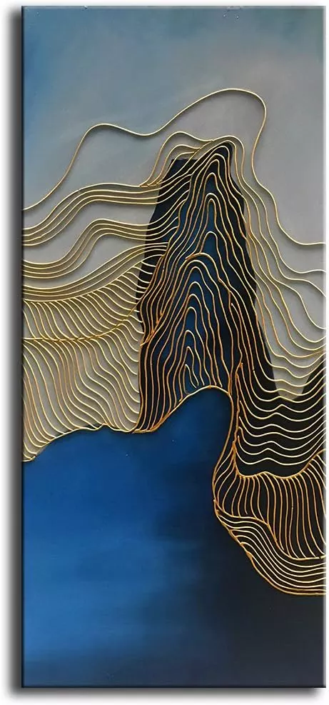 Tyed Art- large Art Painting Gold Line and Blue Texture Abstract Artwork 100% Hand-Painted Oil Painting Canvas Wall Art Paintings Modern Home Decor Series of paintings Wall Decoration 24x60 Inch — Wall Art