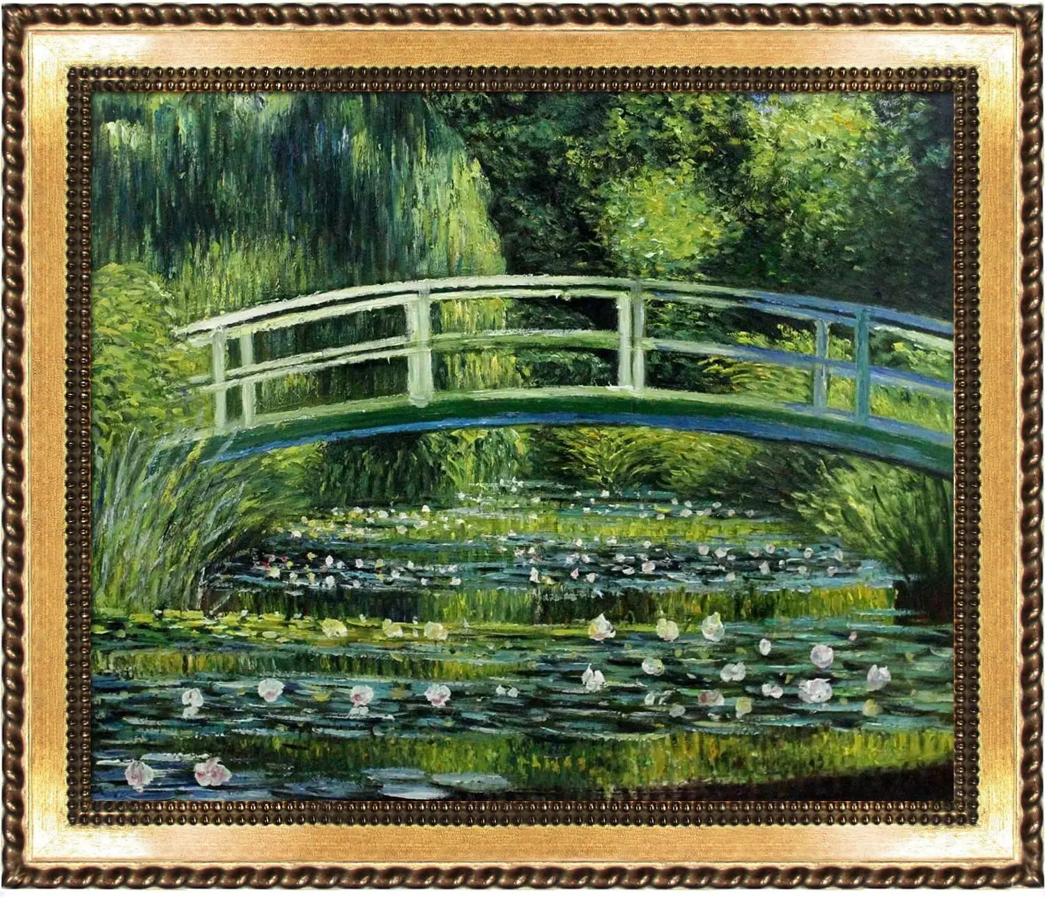 overstockArt Japanese Bridge with Verona Gold Braid Framed Oil Painting, 28.75  x 24.75 , Multi-Color — Wall Art