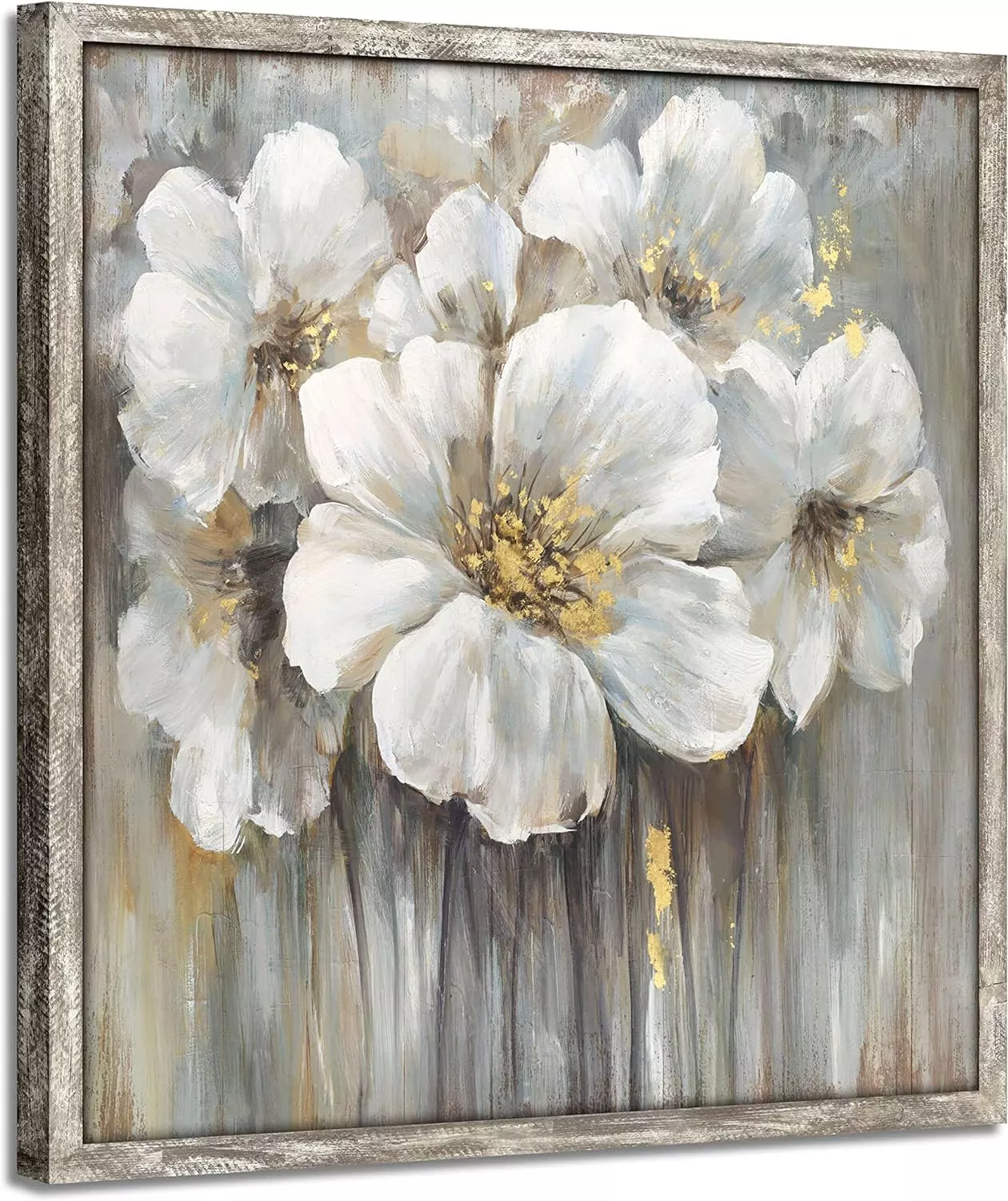 Abstract Botanical Wooden Artwork Framed: White Lily with Golden Foil Oil Painting Floral on Wood Plank for Living Room (24 W x 24 H, Multi-Sized) — Wall Art