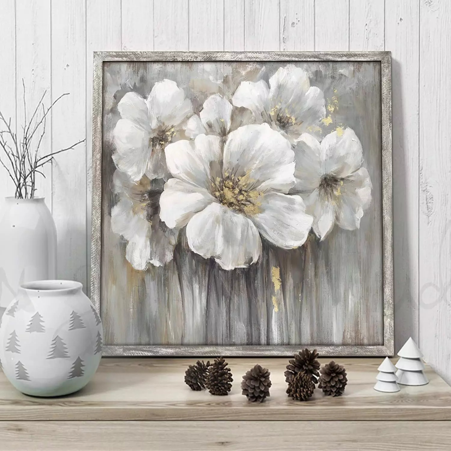 Abstract Botanical Wooden Artwork Framed: White Lily with Golden Foil Oil Painting Floral on Wood Plank for Living Room (24 W x 24 H, Multi-Sized) — Wall Art