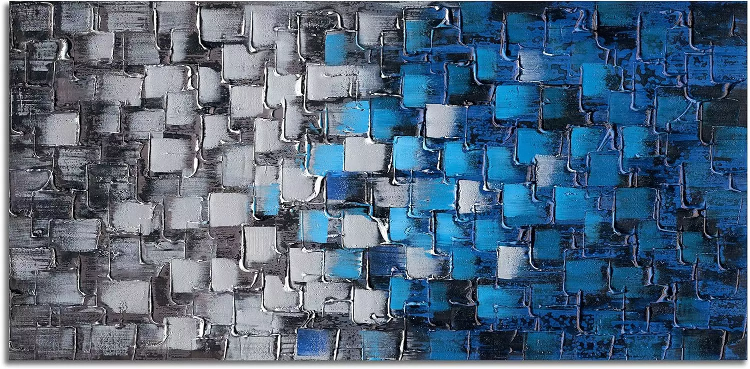 Large Textured Abstract Squares Canvas Wall Art Handmade Blue and Silver Oil Painting Picture Framed Ready to Hang Home Decoration 60x30inch — Wall Art