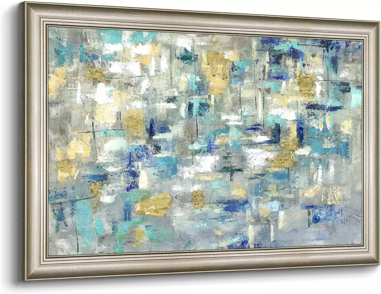 Large Abstract Canvas Wall Art: Blue Gold Silver Painting Framed Hand Painted Art Texture Picture Artwork Living Room(45x30) — Wall Art