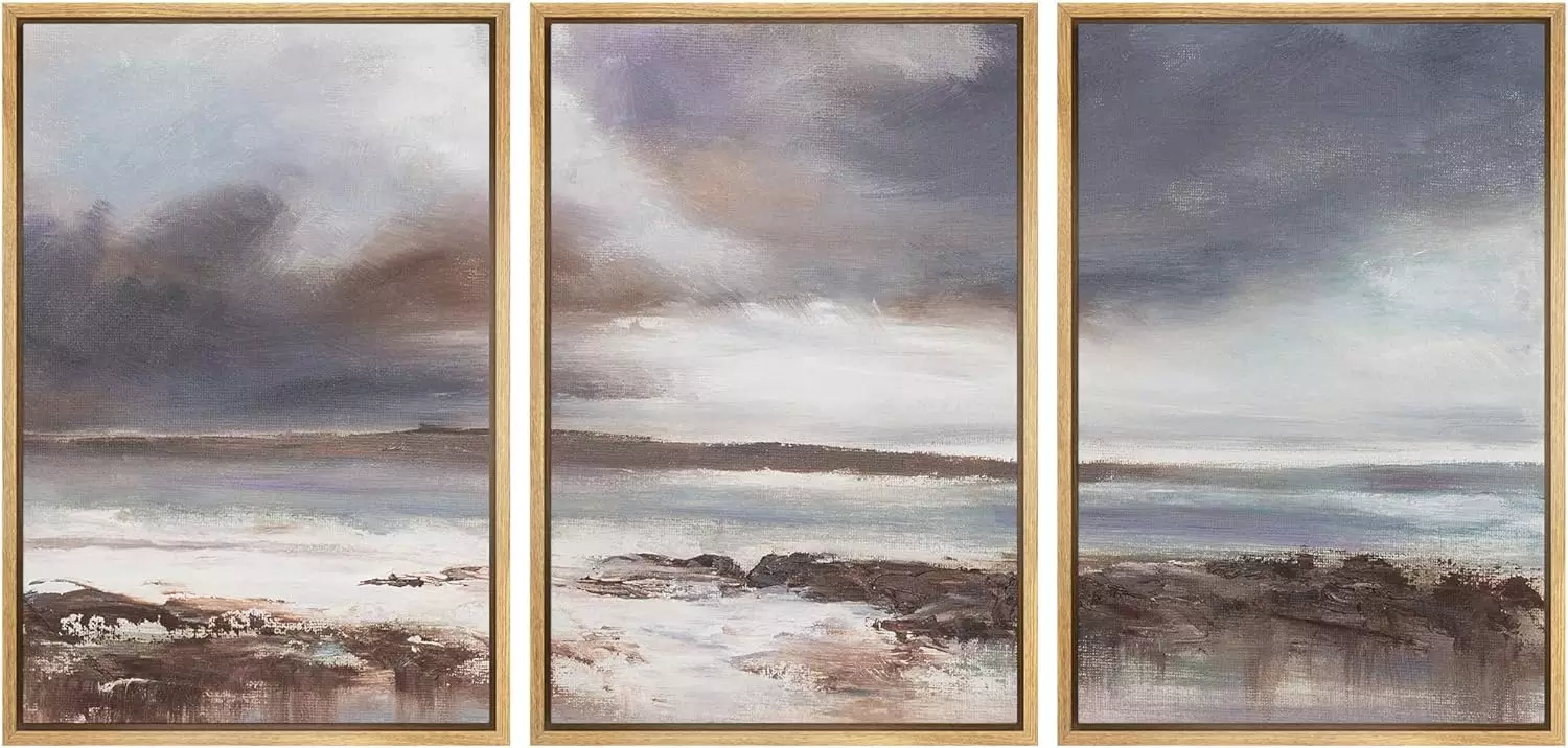 wall26 3 Piece Framed Canvas Wall Art - Original Oil Painting, Stormy Beach Seascape. - Modern Home Art Stretched and Framed Ready to Hang - 24 x36 x3 Natural — Wall Art