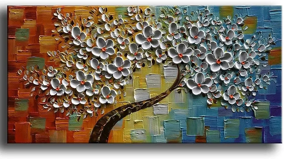 YaSheng Art -100% hand-painted Contemporary Art Oil Painting On Canvas Texture Palette Knife Tree Paintings Modern Home Decor Wall Art 3D Flowers Paintings Ready to hang 20x40inch — Wall Art