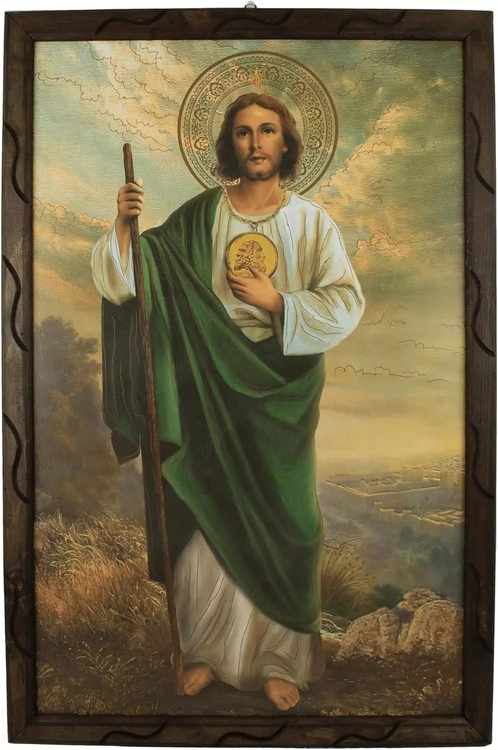 Mrcjsales- Saint Judas Thaddeus image in rustic frame, Oil painting, 24  x36  , 13  x18  , 10  x12   inches, religious art image, San Judas Tadeo , Cuadro rustico , Home decor, wall decor, church events, gifts (Large 24x36   inches) — Wall Art