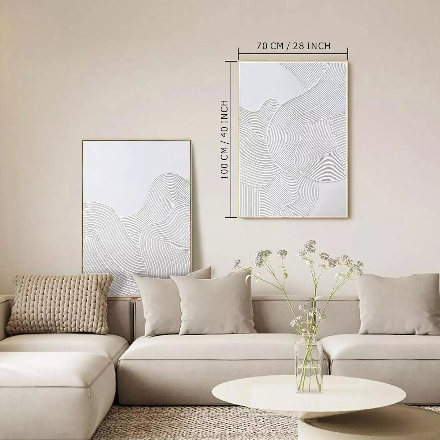 Framed Neutral Abstract Wall-Art Painting - Large Abstract Canvas Wall Decor 3D Curve Illustrations Hand painting for Living Room, Bedroom, Office - 2 Piece 28 x 40 Inch, Ready to Hang  — Wall Art