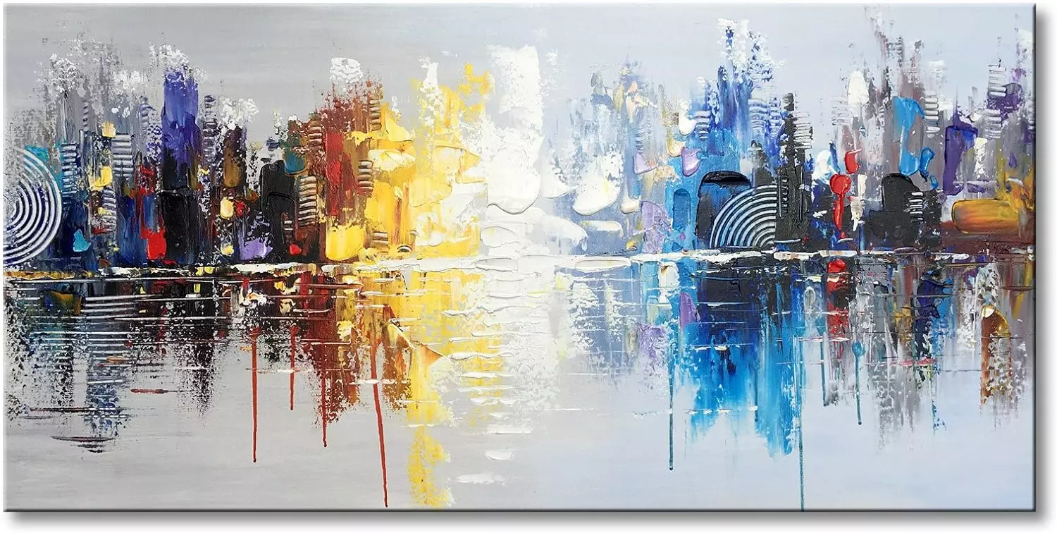 Hand-painted Textured City Oil Painting on Canvas Reflection Abstract Cityscape Wall Art for Decor — Wall Art