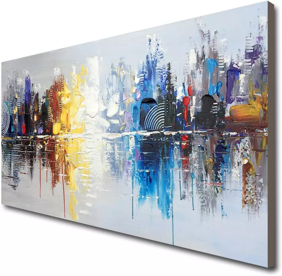 Hand-painted Textured City Oil Painting on Canvas Reflection Abstract Cityscape Wall Art for Decor — Wall Art