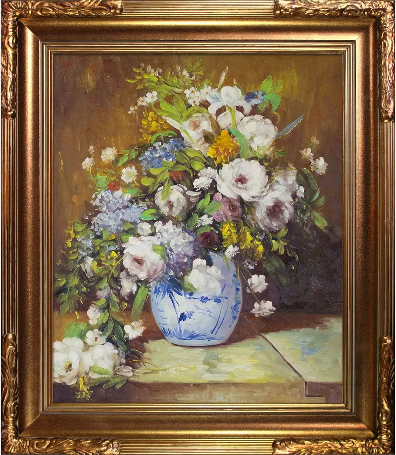 overstockArt Grande Vase Di Fiori by Pierre-Auguste Renoir Hand Painted Oil on Canvas with Brasovia Frame, 26.5  x 30.5 , Florentine Frame, 31  x 27  — Wall Art