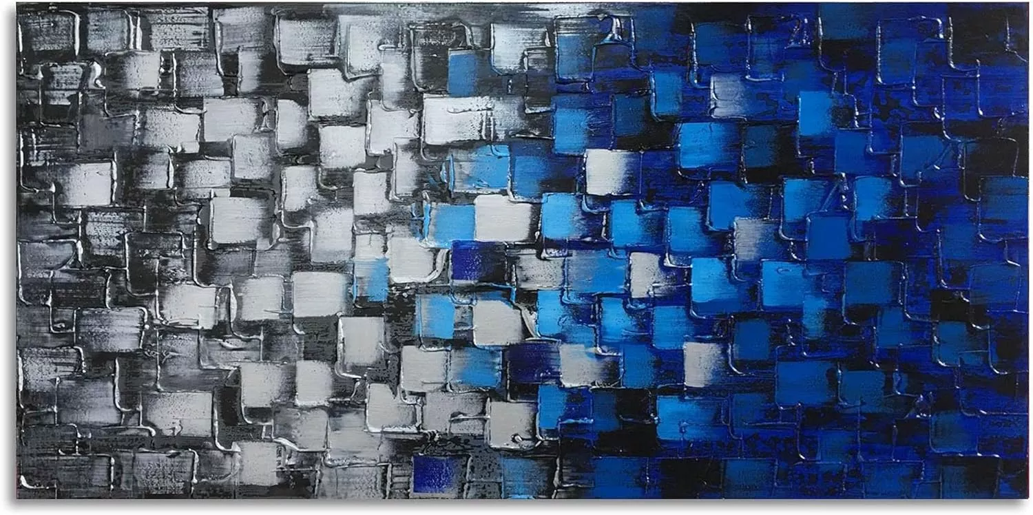 Textured Abstract Squares Canvas Wall Art Hand Painted Modern Dark Blue and Silver Oil Painting Picture Decor for Home and Office Framed Ready to Hang 48x24inch — Wall Art