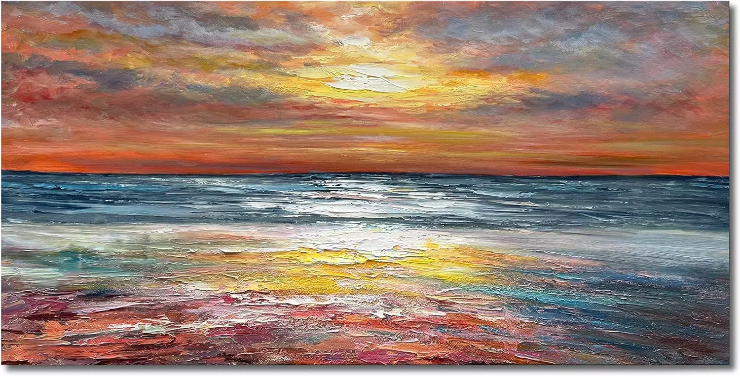 Limiyer Art Sea Sunrise Landscape Modern Abstract Oil painting Canvas Oil Painting wall art decoration 24x48 inch — Wall Art