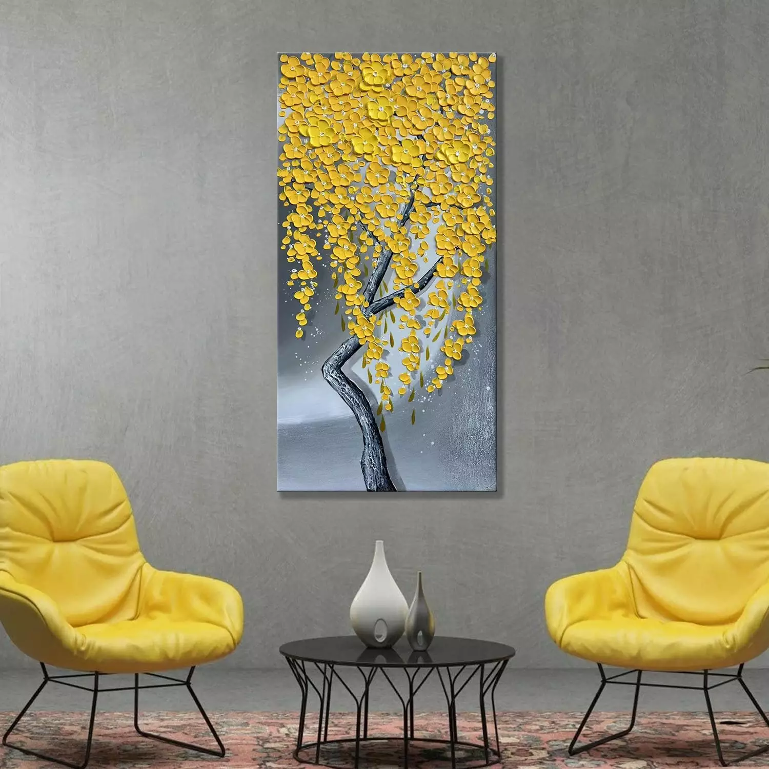 Oil Paintings Wall Art: 3D Yellow Tree of Life, Modern Thick Textured Abstract Wall Art for Living Room, Large Canvas Art Wall Decor for Bedroom, Vertical Paintings for Walls Ready to Hang 24 x48 . — Wall Art