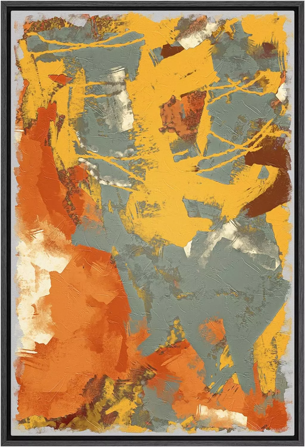 SIGNFORD Framed Canvas Wall Art Yellow, Orange, Gray, Brown and Gray Color Blocks Abstract Brushstroke Oil Painting Minimalism Modern Expressive for Living Room, Bedroom, Office - 24x36 inches — Wall Art