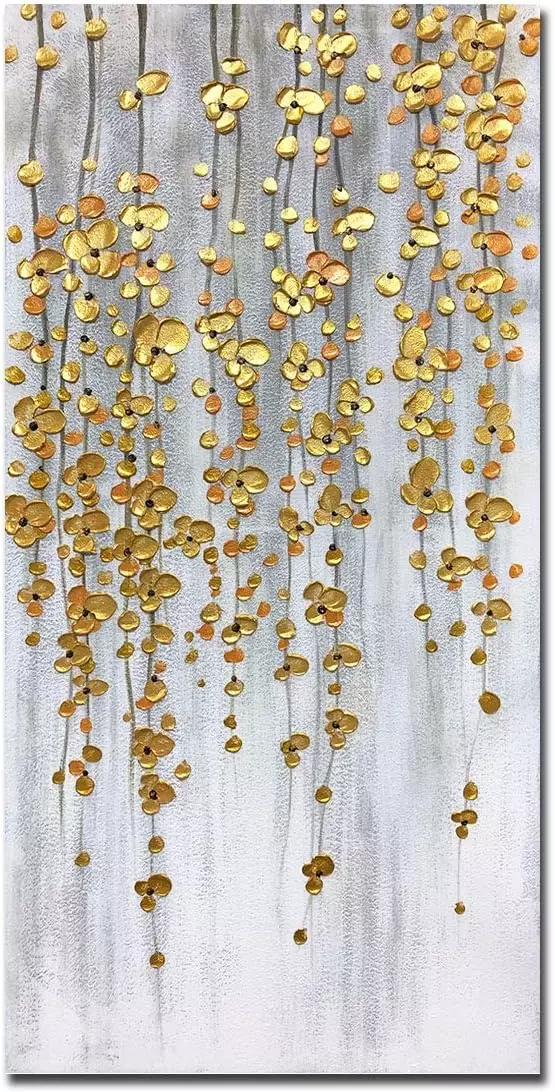 Yotree Paintings, 24x48 Inch Painting Oil Hand Painting Silver-gold Flowers Paintings 3D Hand-Painted On Canvas Abstract Artwork Art Wood Inside Framed Hanging Wall Decoration Abstract Painting — Wall Art