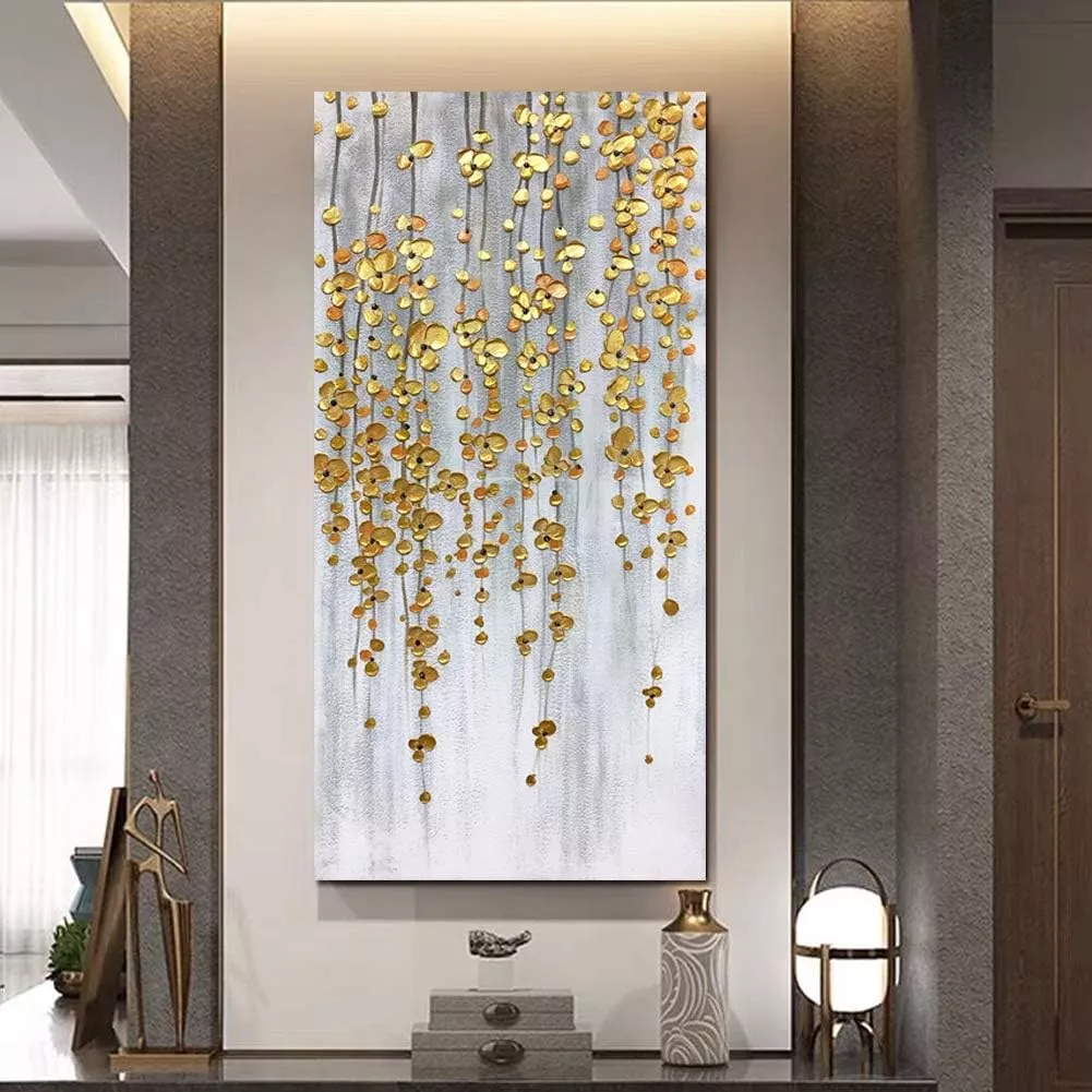 Yotree Paintings, 24x48 Inch Painting Oil Hand Painting Silver-gold Flowers Paintings 3D Hand-Painted On Canvas Abstract Artwork Art Wood Inside Framed Hanging Wall Decoration Abstract Painting — Wall Art