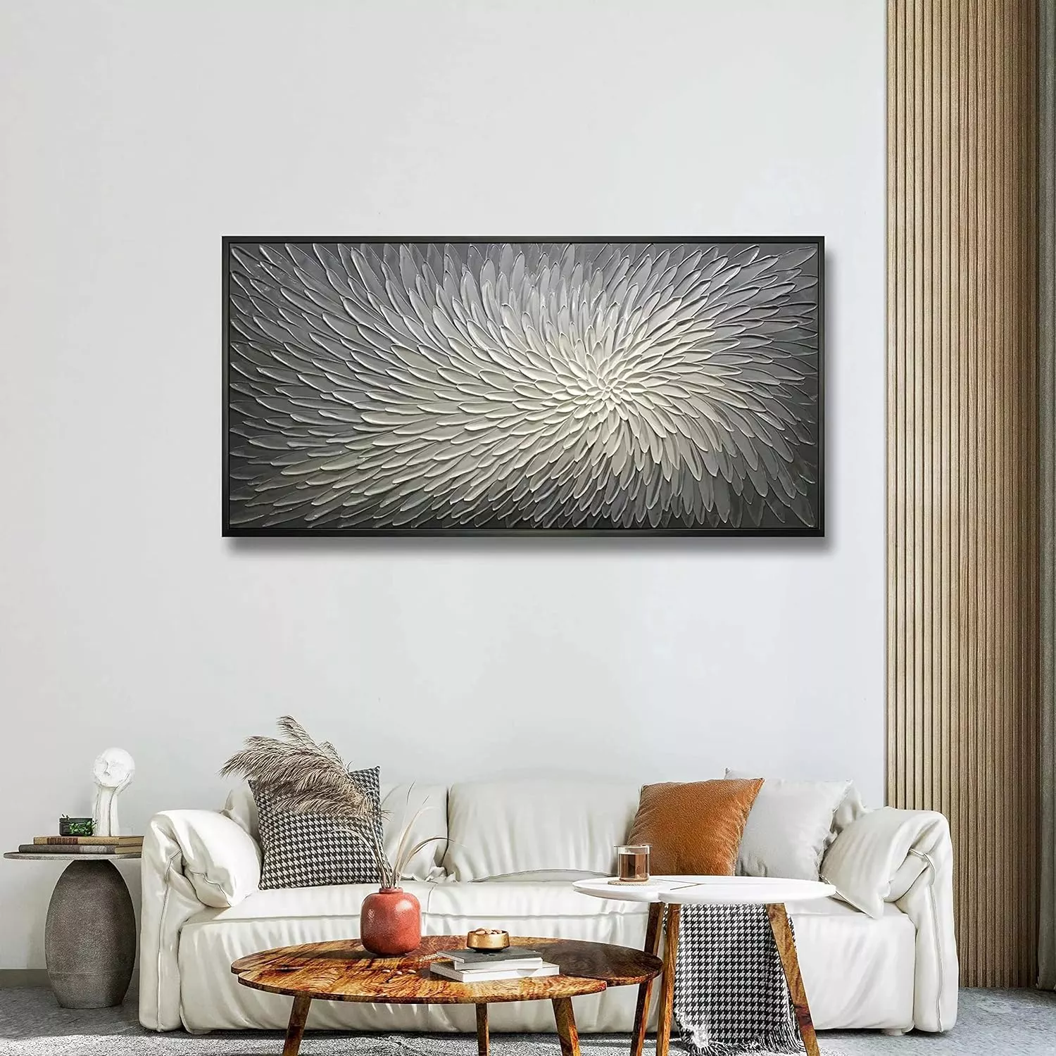 AMEI Art,30x60inch 3D Hand-Painted Modern Artwork Textured Abstract Gray Floral Oil Paintings on Canvas Elegant Grey Acrylic Wall Art With Black Frame Home Decor — Wall Art