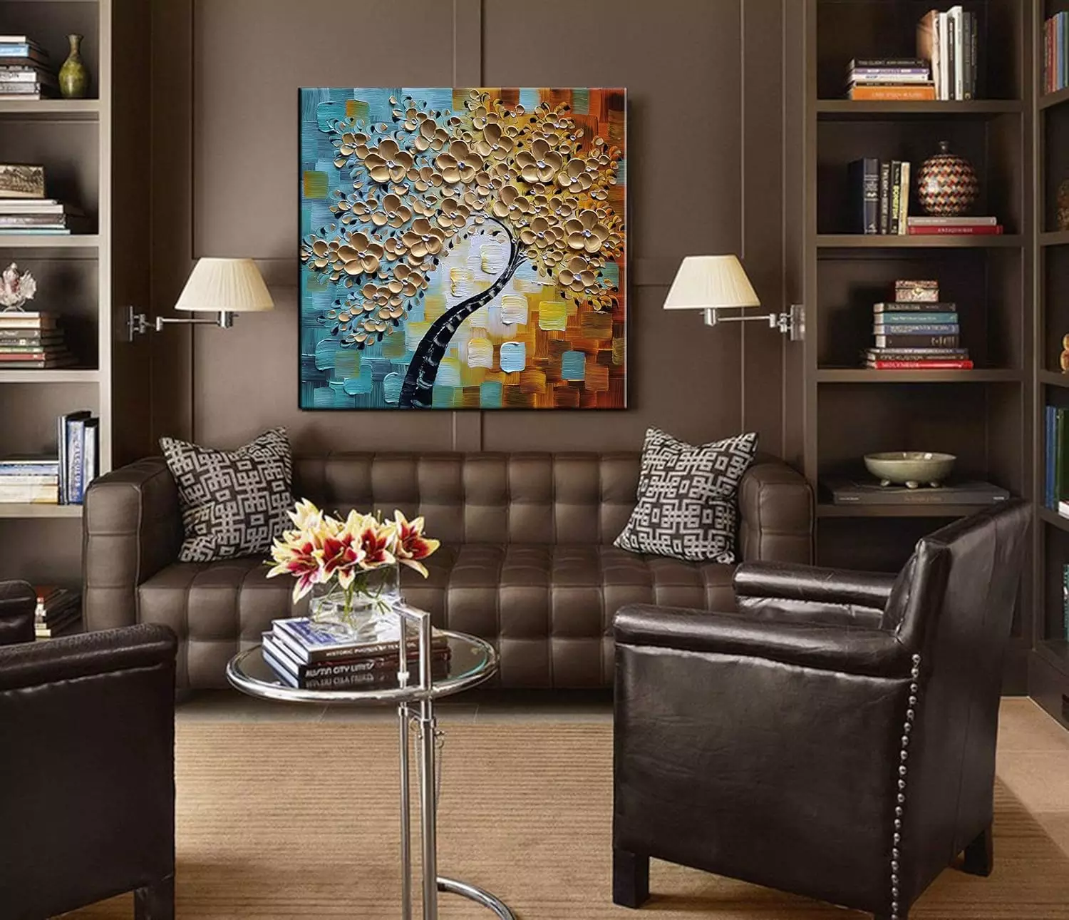 Tyed Art-24x24 Inch Golden Flower Tree Paintings 3D Abstract Paintings Oil Hand Painting On Canvas Wood Inside Framed Ready to Hang Wall Decoration for Living Room Bed Room — Wall Art