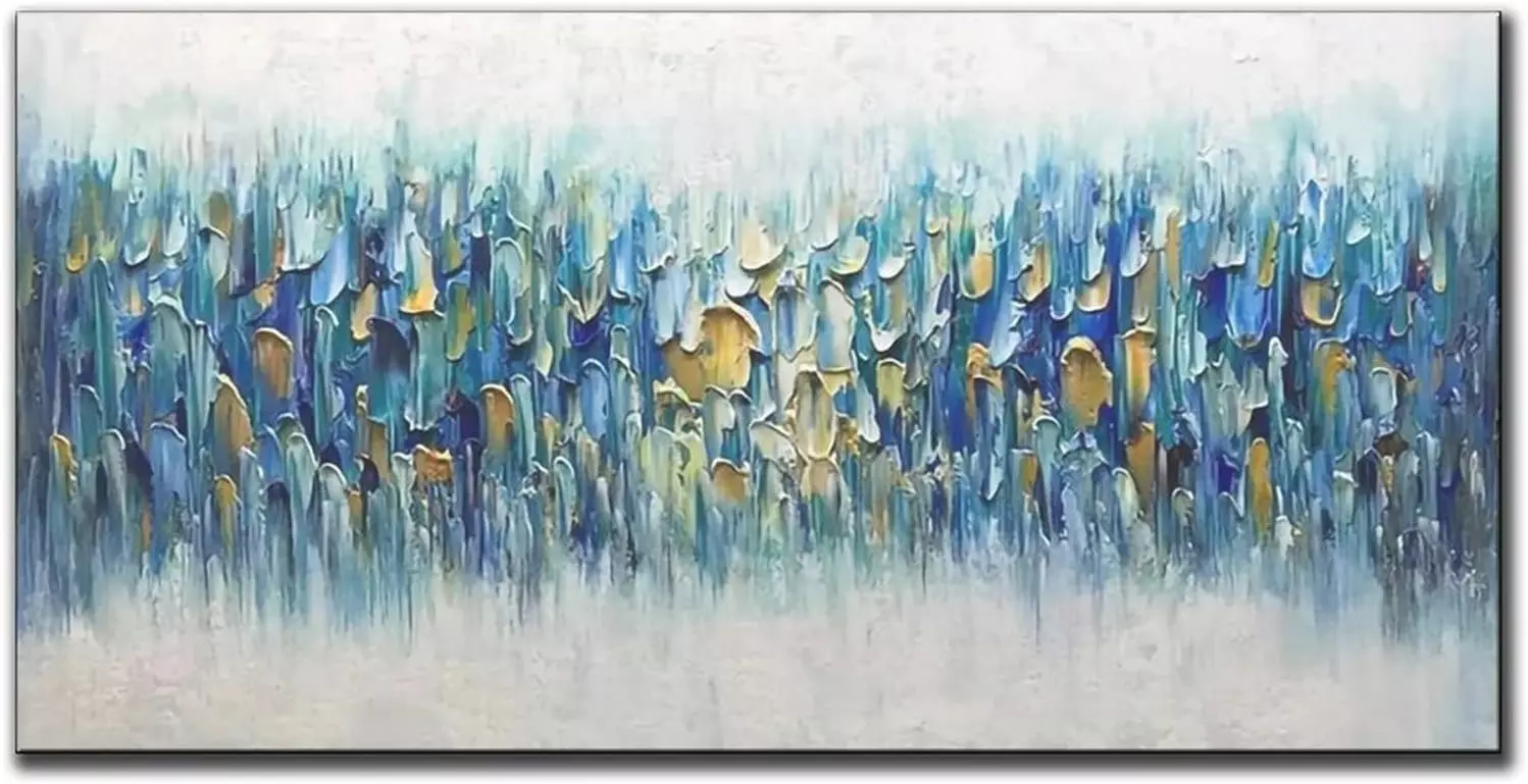 Handmade Large Abstract Oil Painting Boho Teal Fancy Impressionist Palette Art Bedroom Bathroom Office Bar Wall Decor Paintings24x46inch(60x116cm) — Wall Art