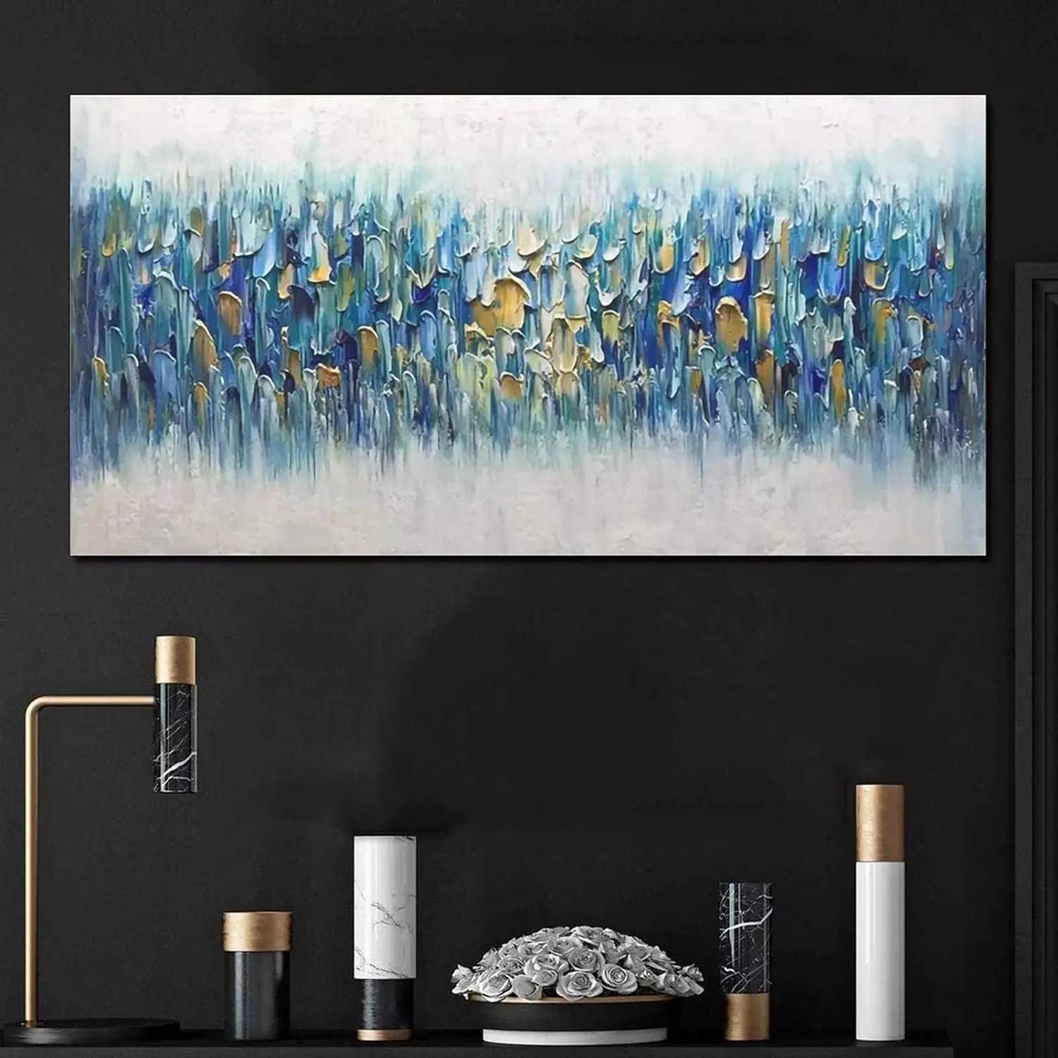 Handmade Large Abstract Oil Painting Boho Teal Fancy Impressionist Palette Art Bedroom Bathroom Office Bar Wall Decor Paintings24x46inch(60x116cm) — Wall Art