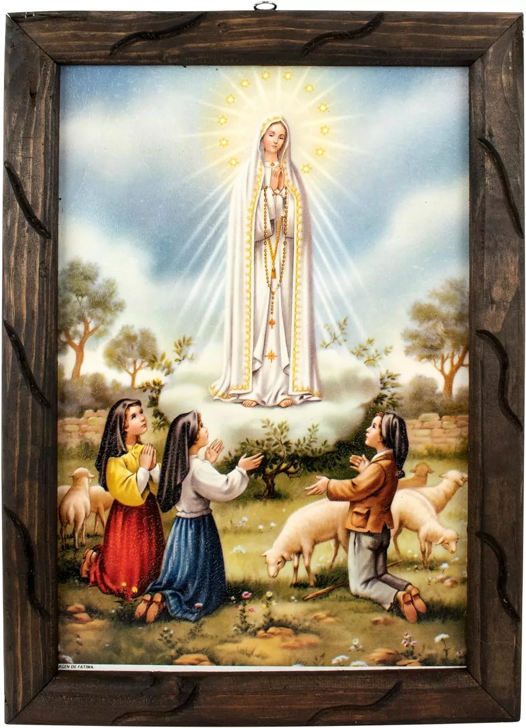 Mrcjsales- Our Lady of Fatima image in rustic frame, Oil painting, 24  x36  , 13  x18  , 10  x12   inches, religious art image, Virgen de Fatima, Cuadro rustico , Home decor, wall decor, church events, gifts (Medium 13x18   inches) — Wall Art