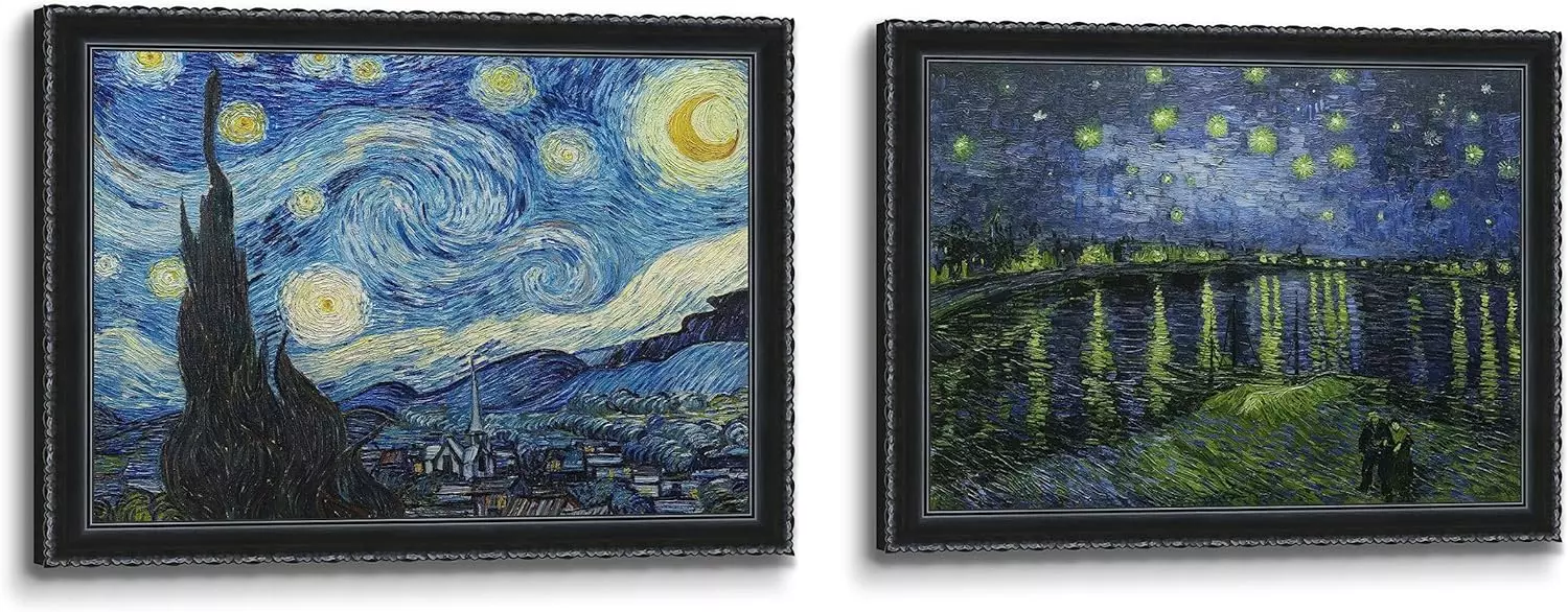 Pair of Hand Painted Classic Famous Oil Painting Van Gogh Starry Night Starry Night over the Rhone Bridge Canvas Wall Art Hand Made Framed 3D printed Brushstroke impressionist Home Decor Office — Wall Art