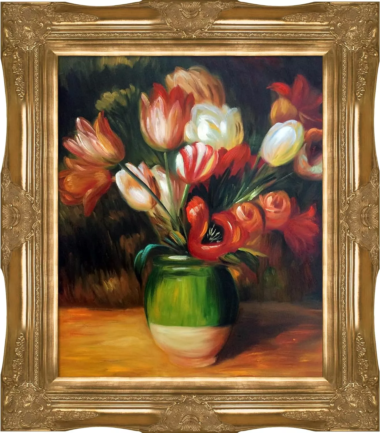 overstockArt Pierre Auguste Renoir Tulips in a Vase 20-Inch by 24-Inch Framed Oil on Canvas, Gold — Wall Art