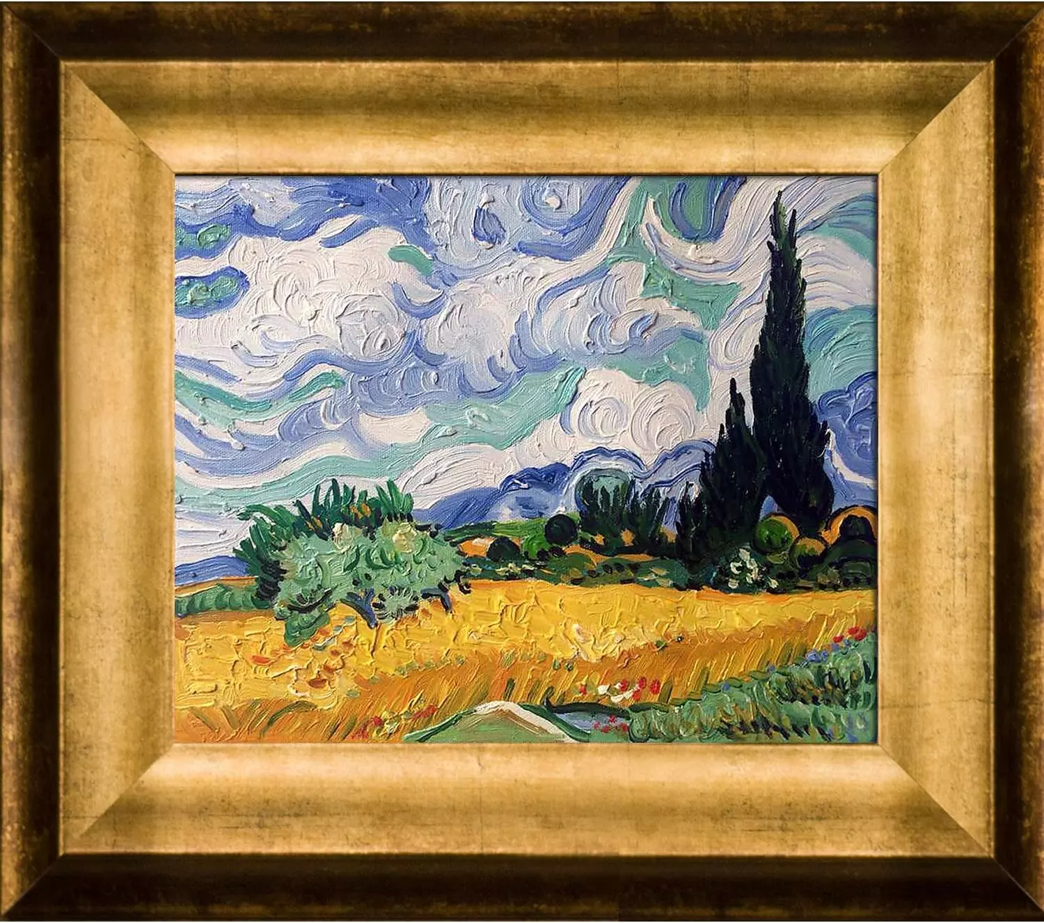 overstockArt Wheat Field with Cypresses with Athenian Gold Framed Oil Painting, 15 in x 13 in, Multi-Color — Wall Art