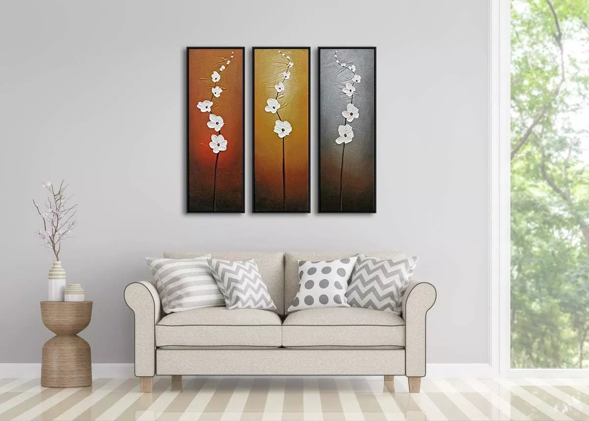 Wieco Art Modern Contemporary Flowers Framed Artwork 3 Panels 100% Hand Painted Abstract Floral Oil Paintings on Canvas Wall Art D¨?cor for Living Room Home Decorations Black — Wall Art