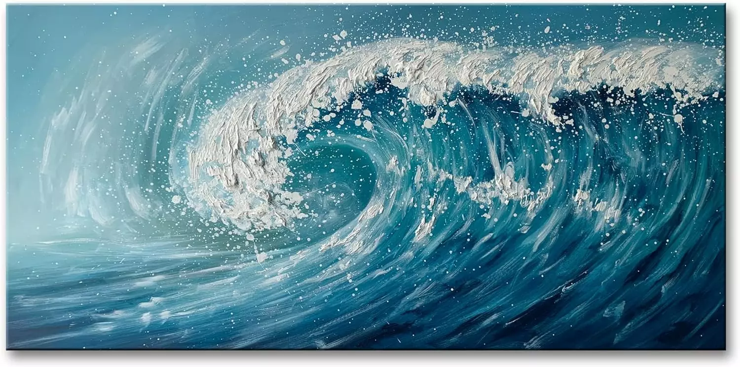 Canvas Wall Art Blue Ocean Wave Surfing Sea Textured Oil Paintings Large Modern Picture Hand Painted Artwork For Home Room Office Decorations — Wall Art