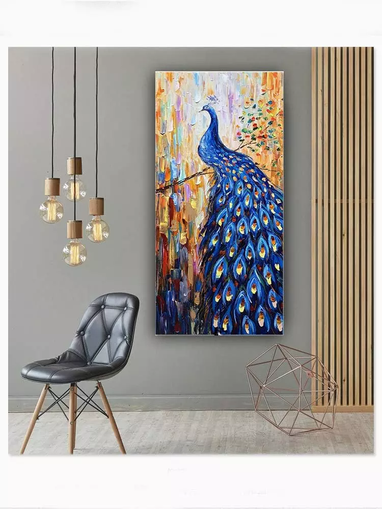 Dark Blue Peacock Canvas Wall Art Animal Bird Paintings 3D Textured Handmade Oil Paintings On Canvas Modern Home Decor Art Pictures Wall Decor for Living Room Hallway Stretched and Framed 24 x48  — Wall Art