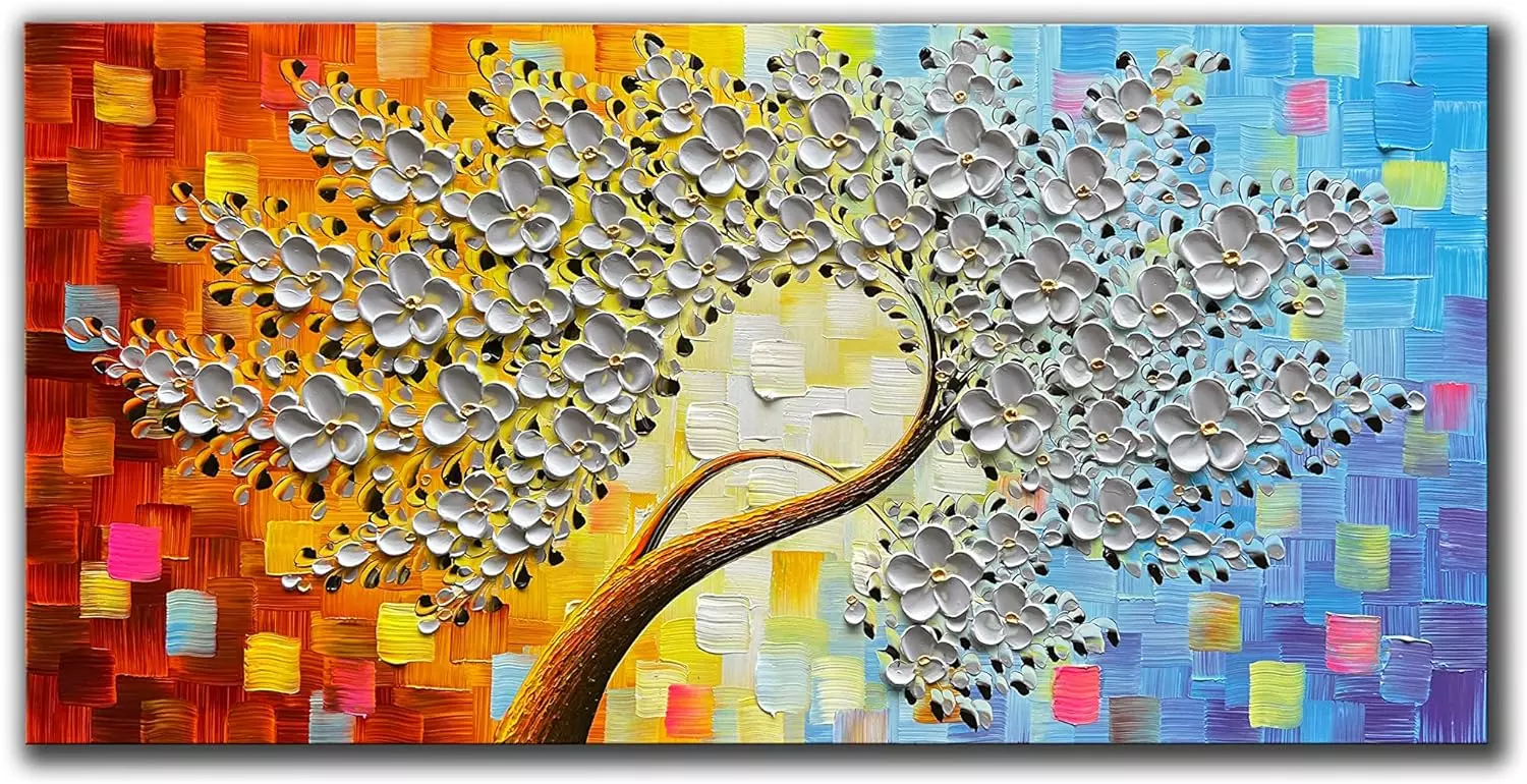 JELRINR 3D Contemporary Art Oil Painting On Canvas Texture silver Flower Tree paintings Canvas Wall Abstract Artwork Home living Room Decor paintings Framed Ready to Hang 24x48inch — Wall Art