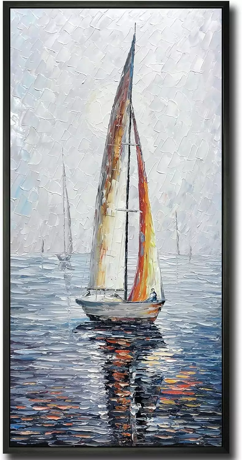 V-inspire Art,24X48 Inch Modern Abstract Hand Painted Frame Oil Paintings Sailing Boat On The Sea Acrylic Canvas Hanging Painting Living Room Bedroom Wall Art Home Decoration — Wall Art