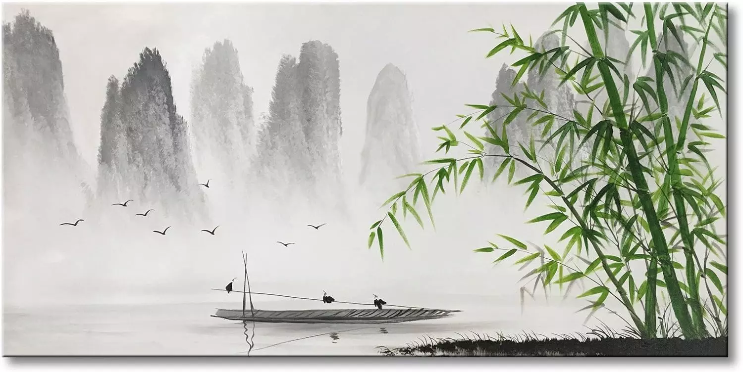 Chinese Shanshui Painting Black and White Landscape Wall Art Green Bamboo Canvas Artwork — Wall Art