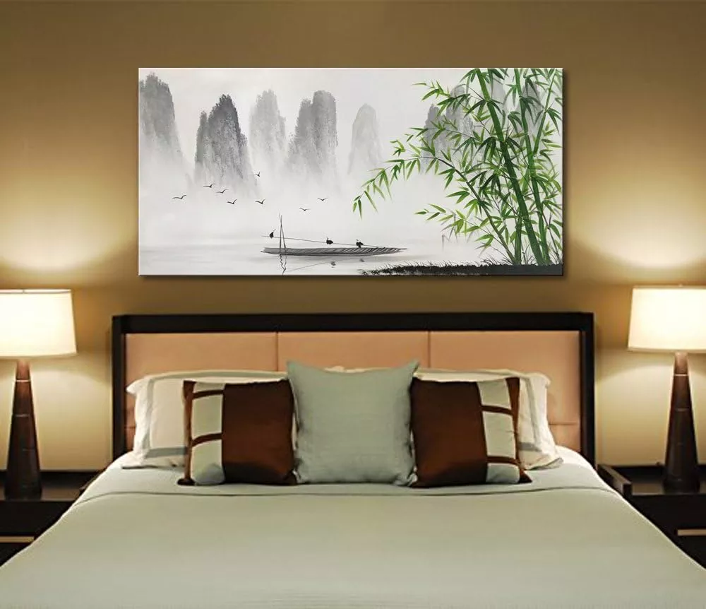 Chinese Shanshui Painting Black and White Landscape Wall Art Green Bamboo Canvas Artwork — Wall Art