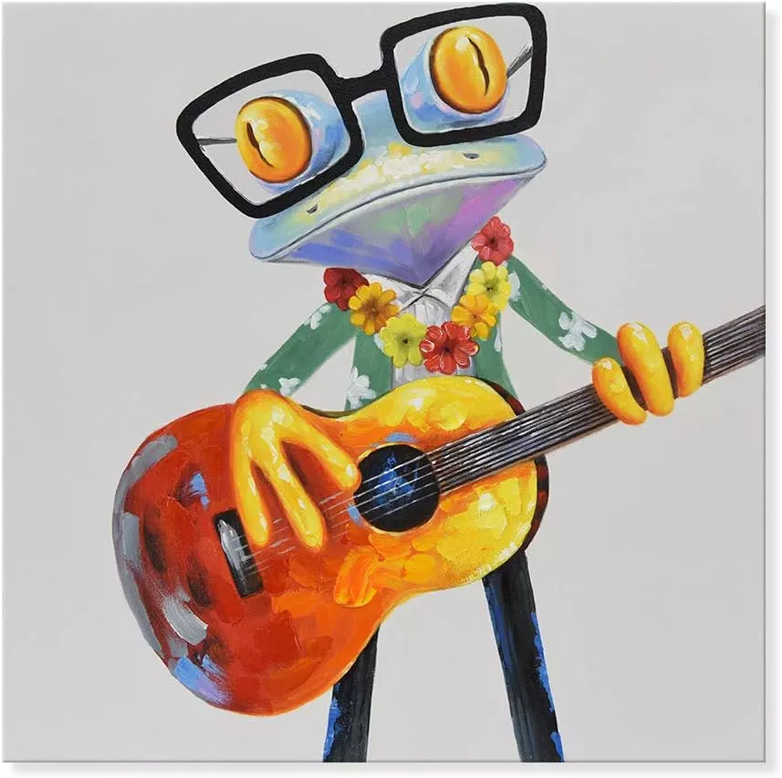 JAPO ART Hawaiian Frogs Play Guitar Funny Animal 100% Hand Painted Oil Painting with Stretched Framed Wall Art for Home Kids Room Bedroom Living Room Ready to Hang 24 x 24 Inch — Wall Art