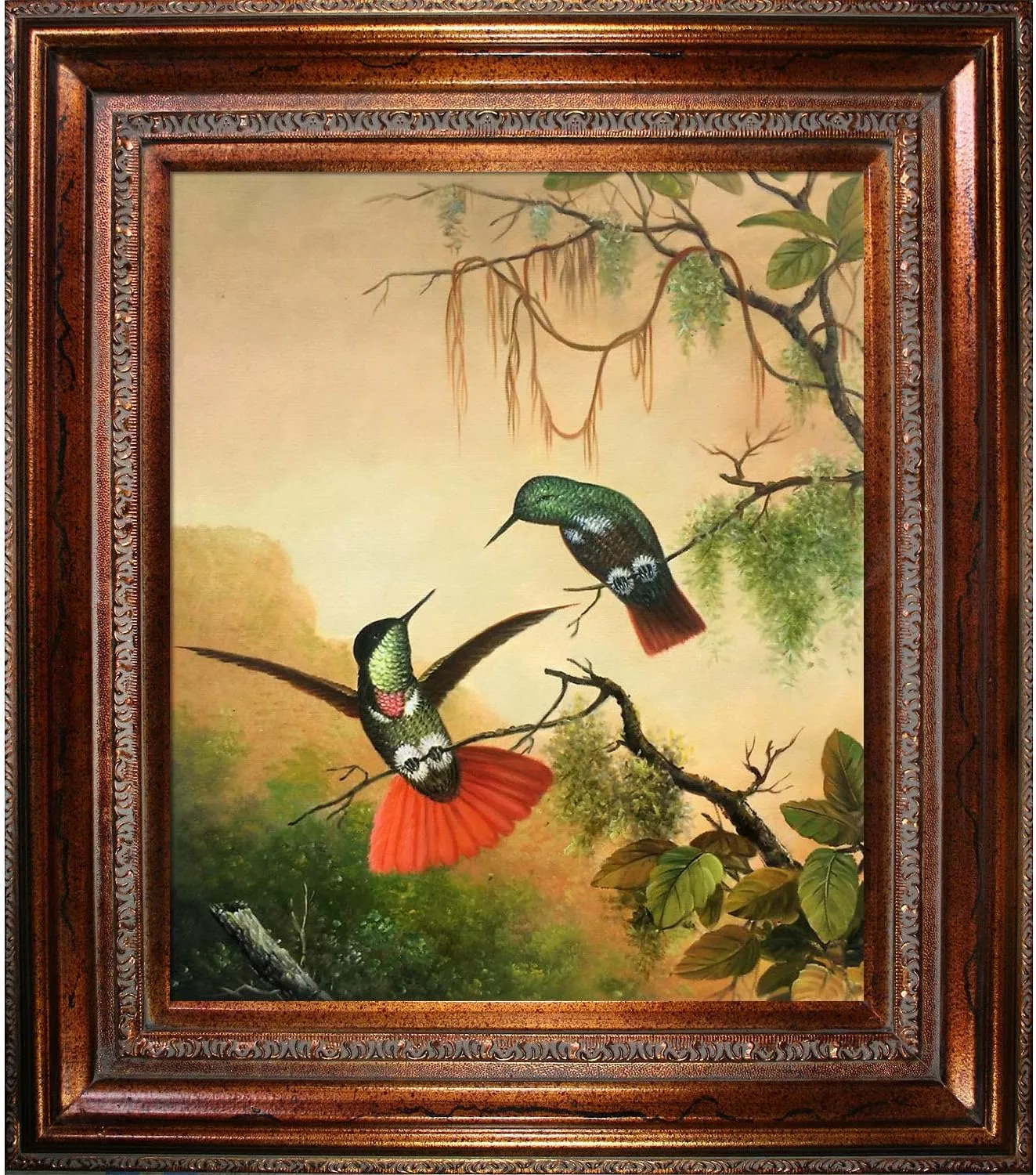 overstockArt Heade 2 Hooded Visorbearer Hummingbirds Oil Painting with Mediterranean Bronze Frame, Bronze Finish — Wall Art