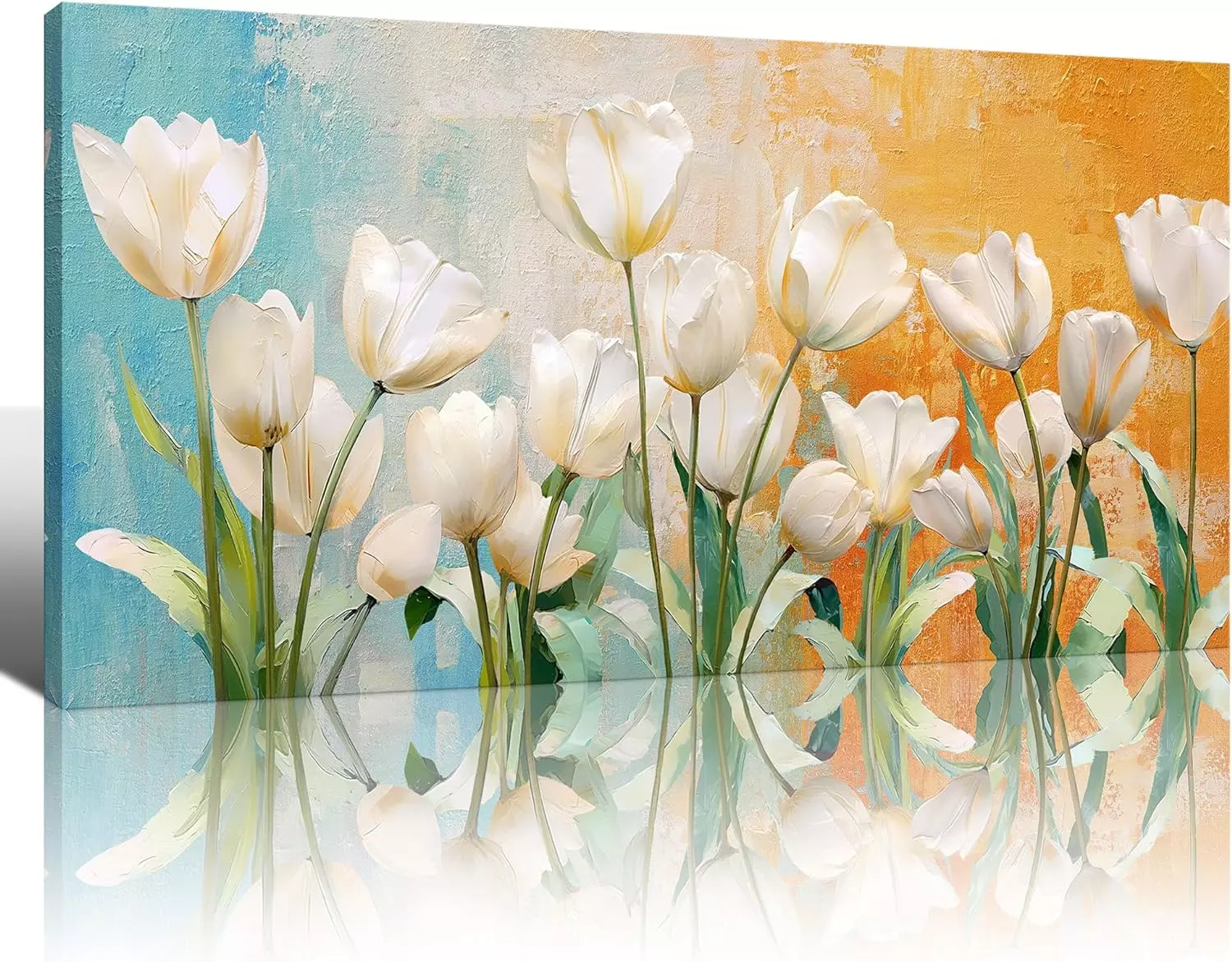 Wijotavic White Floral Wall Decor - Multi-Layered Visual Effect - Gradient Color Art & 48x24 Orange White Living Room Wall Decor Artwork Oil Painting — Wall Art