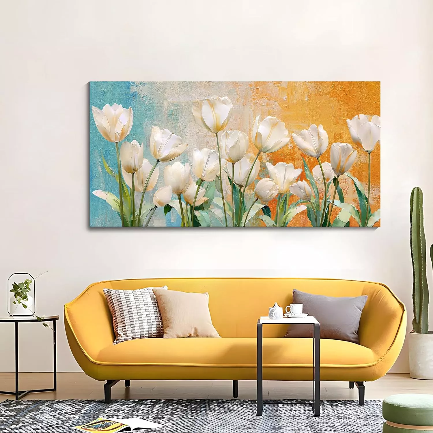 Wijotavic White Floral Wall Decor - Multi-Layered Visual Effect - Gradient Color Art & 48x24 Orange White Living Room Wall Decor Artwork Oil Painting — Wall Art