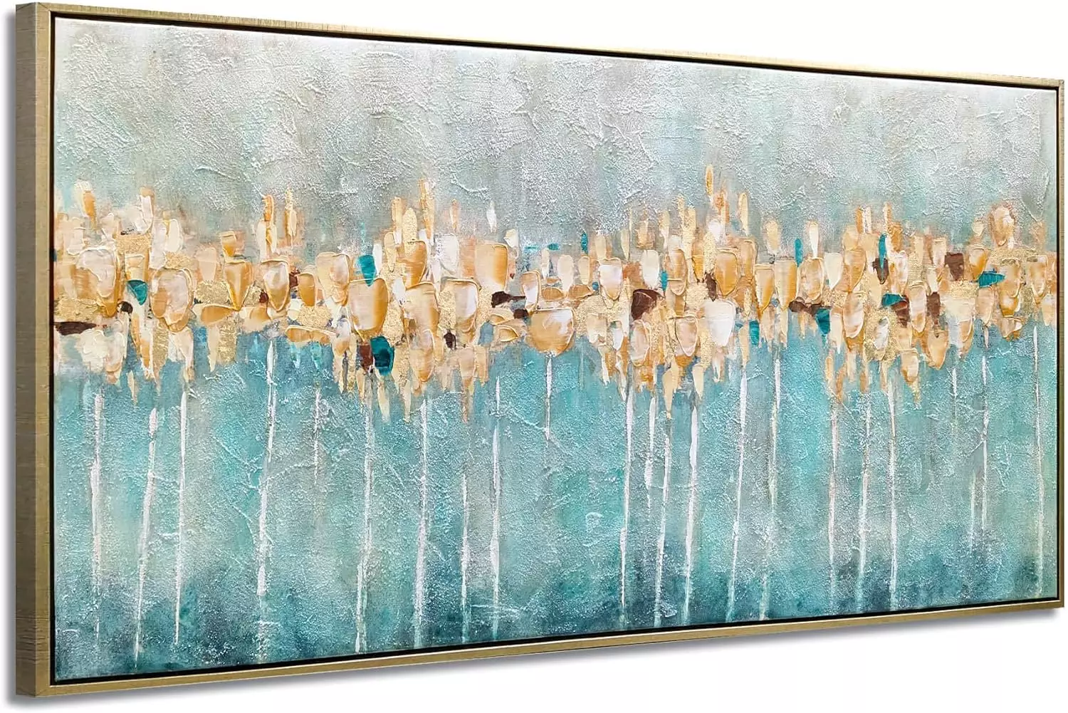 Large Abstract Landscape Canvas Painting: Rustic Hand-painted Texturing Gold Foils Brushstroke Gray Artwork Golden Framed Wall Art for Office (48  W x 24  H,Multi-Sized) — Wall Art